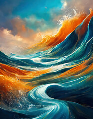Dreamlike illustration of  sea waves in orange and blue colors on the sea with huge waves and reflections	
