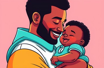 Illustration on a light pink background, a young black father holds his adorable newborn son in his arms and lulls him to sleep, the concept of love and care, family, Father's Day