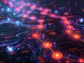 Abstract digital illustration of a futuristic circuit board with vibrant, glowing lights and intricate patterns representing advanced technology.
