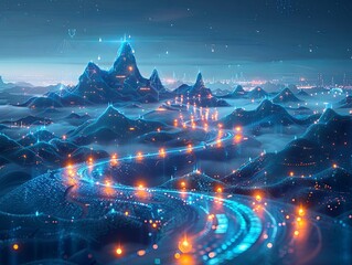 Abstract digital art of a futuristic landscape featuring glowing paths, mountain-like structures, and vibrant lights, symbolizing advanced technology.