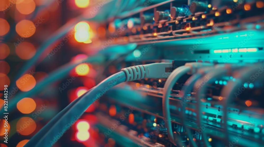 Poster a network cable snaking through a server rack, close-up macro shot with shallow depth of field