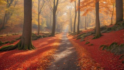 The image is of a winding road through a forest. The trees are tall and bare, and the ground is covered with fallen leaves. There is a thick fog in the air.

