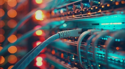 Naklejka premium A network cable snaking through a server rack, close-up macro shot with shallow depth of field