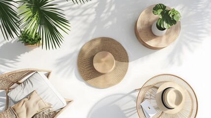 Travel - Woven hats, palm leaves, and beachy accessories exude relaxation on a bright, airy backdrop for a quintessential summer vibe