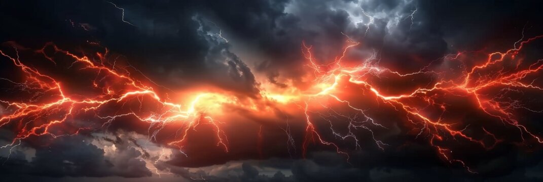 Red lightning background, red thunder with orange electric energy,  sky full of dark clouds, dark red orange thunderstorm, red orange lightning effect. electric texture, banner