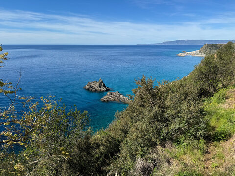 View of the olive tree rock in Palmi, Calabria, Italy. It is also called Ulivarella rock.