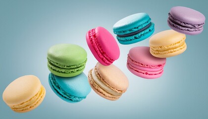 Obraz premium Colorful macarons fall, fly, float in the air on a light background with space for text