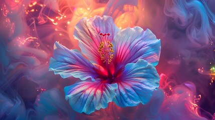 Captivating Hibiscus Blossom in Surreal Neon Infused Dreamscape