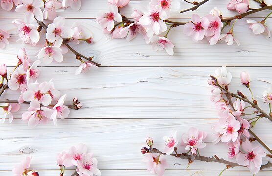 Spring Background with Pink Cherry Blossoms on White Wooden Texture