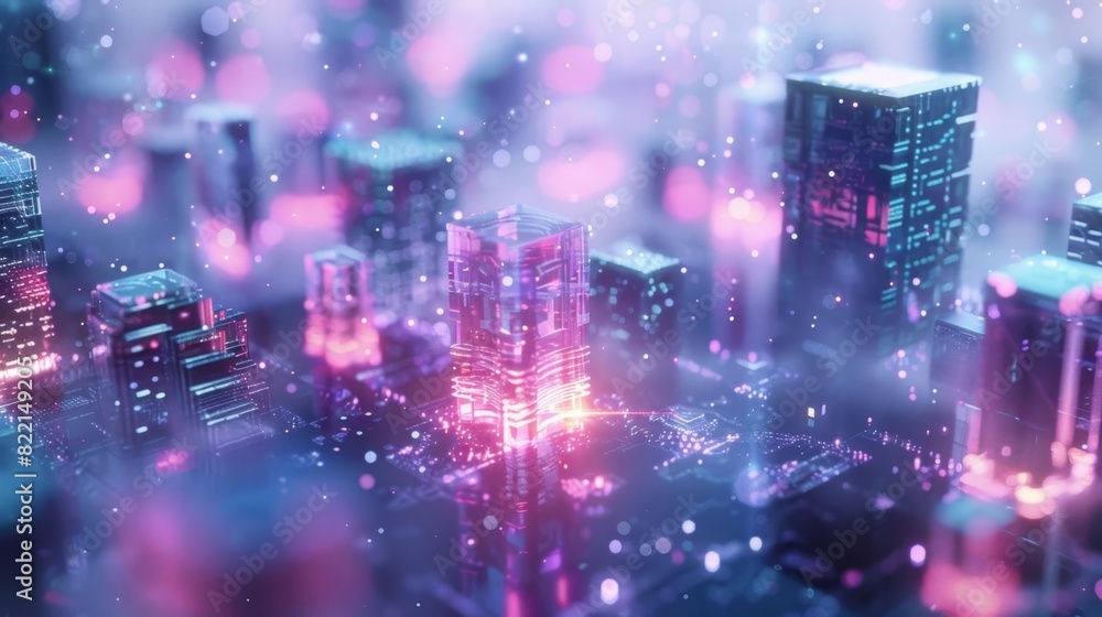Poster an icy depiction of a futuristic cityscape with elements of blockchain technology incorporated into 
