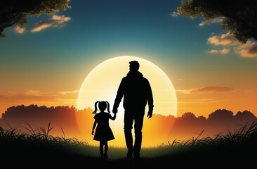 Cartoon Illustration Silhouettes of a little daughter and a parent's father holding hands at sunset, walking in a field, in nature, the concept of love and care, a happy family, Father's Day