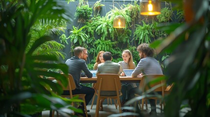Business meeting in modern office surrounded by indoor plants during daytime.