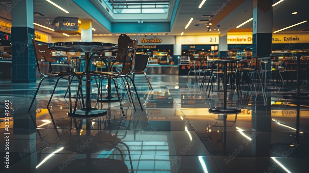 Wall mural empty chairs and tables in a modern shopping mall food court - Wall murals