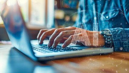 Modern office setting with AI interface on laptop, high-tech office environment.