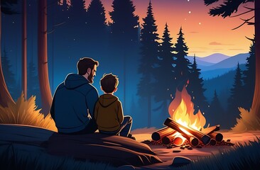 Father and son sitting next to a campfire at night in nature in the forest and looking at the fire, concept, happy family, Father's Day, cartoon illustration style, type view
