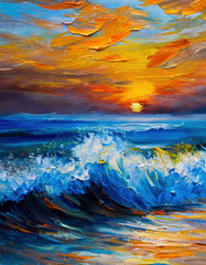 Dreamlike illustration of beautiful sunset on the sea with huge waves and reflections	