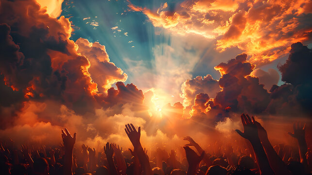 Crowd Rejoicing Under Radiant Sunset Clouds - Generative AI