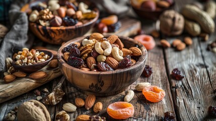 Assorted Nuts and Dried Fruits in Wooden Bowls on Rustic Table