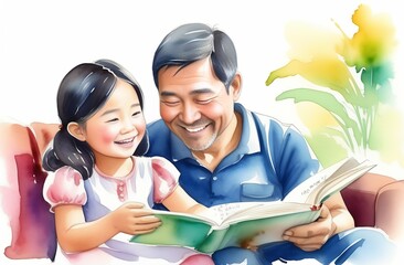 Happy smile Asian father and small daughter sitting on the couch and reading a book, happy family concept, Father's Day, vacation together, illustration watercolor style, close-up