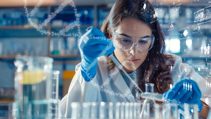 Scientist using AI technology in a modern lab, analyzing data, digital interface.