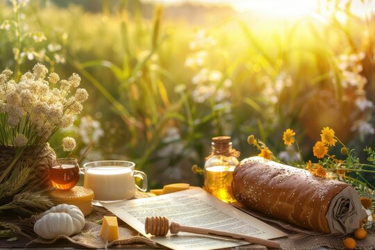 shavuot holiday background featuring a glass bottle of honey, an open book, and a yellow and white flower on a wooden table