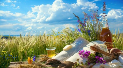 shavuot holiday background featuring a bottle of beer and a book on a wooden table, surrounded by tall grass and a purple flower, under a white and blue sky