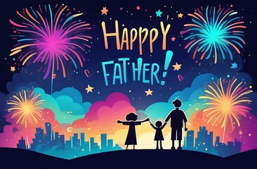 Father's Day greeting card, silhouette of family illustration on the background of colorful fireworks