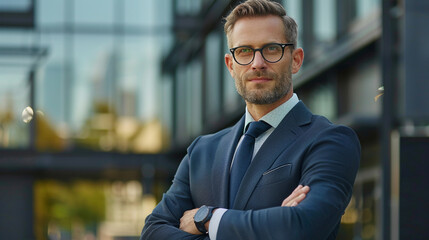 Fototapeta premium Handsome businessman in suit and glasses cross arms chest and look