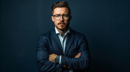 Obraz premium Handsome businessman in suit and glasses cross arms chest and look