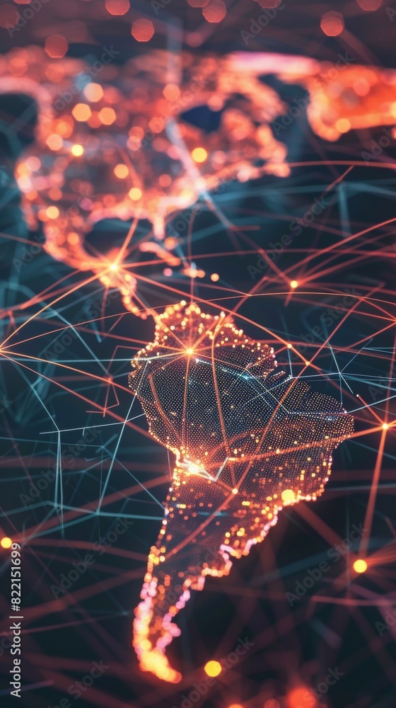Poster a global map with pulsating beams of light representing major data arteries, converging on cloud hub