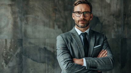 Obraz premium Handsome businessman in suit and glasses cross arms chest and look