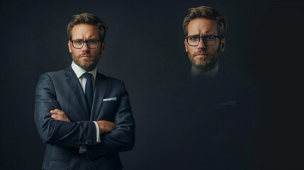Fototapeta premium Handsome businessman in suit and glasses cross arms chest and look