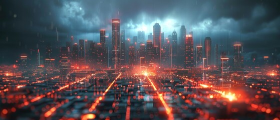 Futuristic cityscape illuminated by neon lights under dramatic storm clouds, showcasing advanced technology and cyberpunk aesthetic.