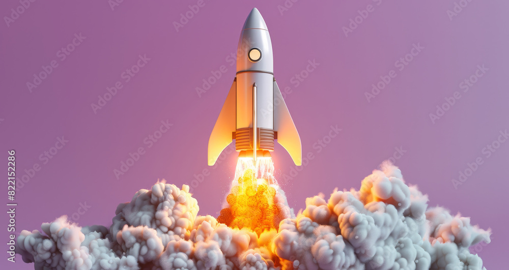 Poster a rocket ascending into the sky with flames and smoke trailing behind as it propels upwards.