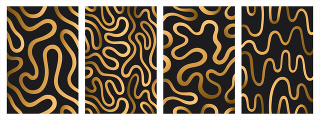 Golden, black vector text backgrounds set. Gold twisted lines, fluid, curved, wiggling stripes, waves. Liquid shiny ornaments, groovy luxury patterns collection. Doodle, uneven wavy winding lines.