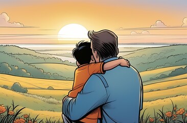 Father hugging his son watching sunrise against background of nature, dad and his child enjoying a beautiful sunny morning, happy family concept, Father's Day, cartoon illustration style, rear view