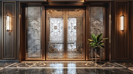 See a double office door with frosted glass and ornate metalwork detailing