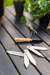 Wooden labels with note, garden tools, seedlings and flowers on table