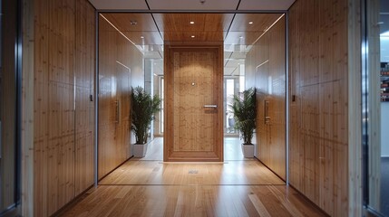 See an ecofriendly office door made from sustainable bamboo with a natural finish