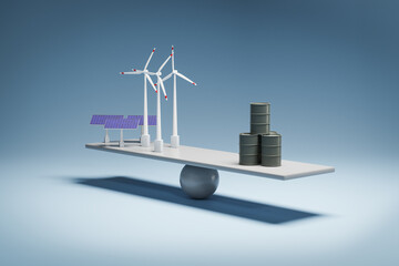 Renewable Energy versus fossil based energy concept. Solar panels and windmills balancing against oildrums. Seamless background © Andreas Prott