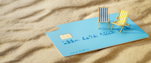 Using a credit card for paying the summer vacation concept. Two beach folding chairs on an...
