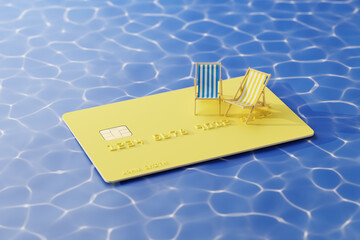 Using a credit card for paying the summer vacation concept. Two beach folding chairs on an oversized credit card with surrounding blue swimming pool water.