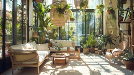 Fototapeta premium A sunlit conservatory with floor-to-ceiling windows, rattan furniture and hanging plants offering a serene space for relaxation