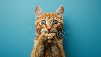 Shocked orange tabby cat with paws on its face, blue background