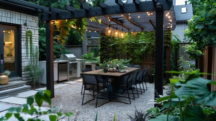 Backyard garden with a pergola-covered dining area, outdoor kitchen and vertical gardens