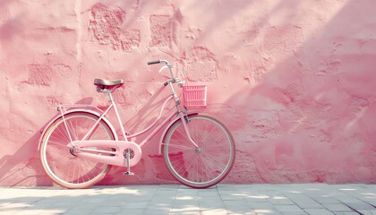 Vintagestyle pink bicycle against a pastel pink wall, charming and nostalgic