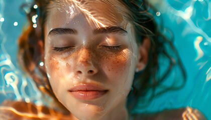 Woman floating in a pool, eyes closed, sunlight reflections