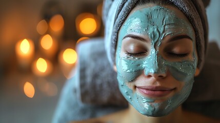 Woman with a facial mask and towel, eyes closed, serene spa ambiance with soft lighting, relaxing