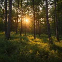 A tranquil forest clearing bathed in the golden light of the Summer Solstice sunset.

