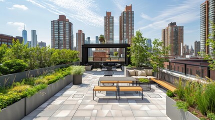 Contemporary rooftop garden with greenery seating areas and a panoramic view of the city skyline